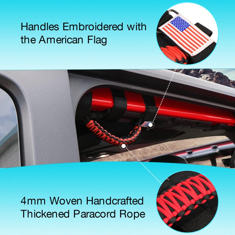 GAIZON 4 Pack Grab Handles Paracord Roll Bar for Jeep Wrangler Accessories CJ YJ TJ JL JK LJ JLU JKU Sahara Freedom Rubicon Gladiator JT 1955-2023 Interior Accessories with America Flag(Red) - Image 2